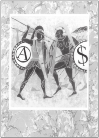 Scène d'affrontement entre guerriers dans un style immitation de peinture période Grèce antique sur marbre, en noir et blanc, à gauche un bouclier orné d'un A cerclé, à droite un autre avec le signe $